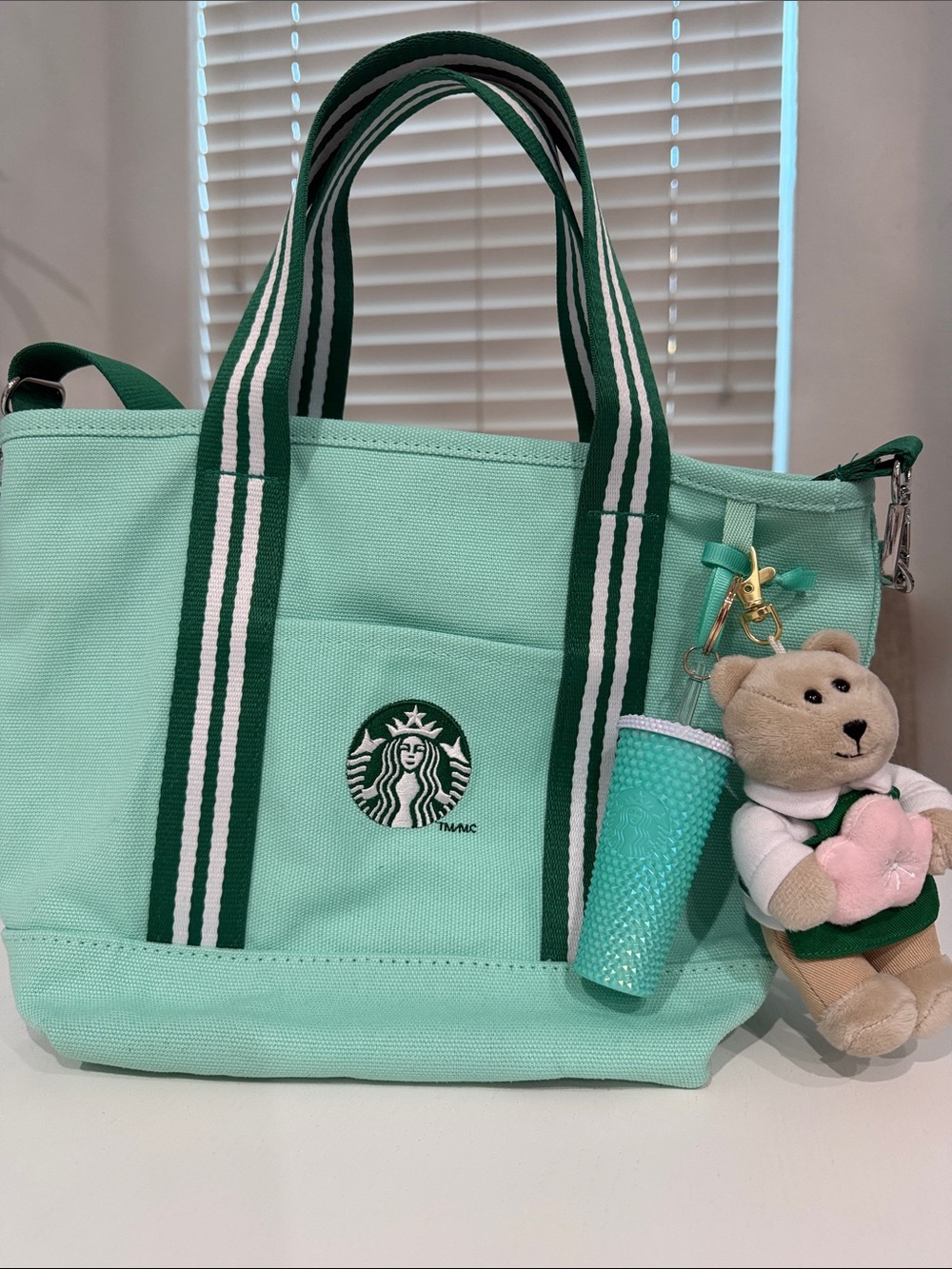 Starbucks Mint Green Canvas Tote Bag with Striped Handles